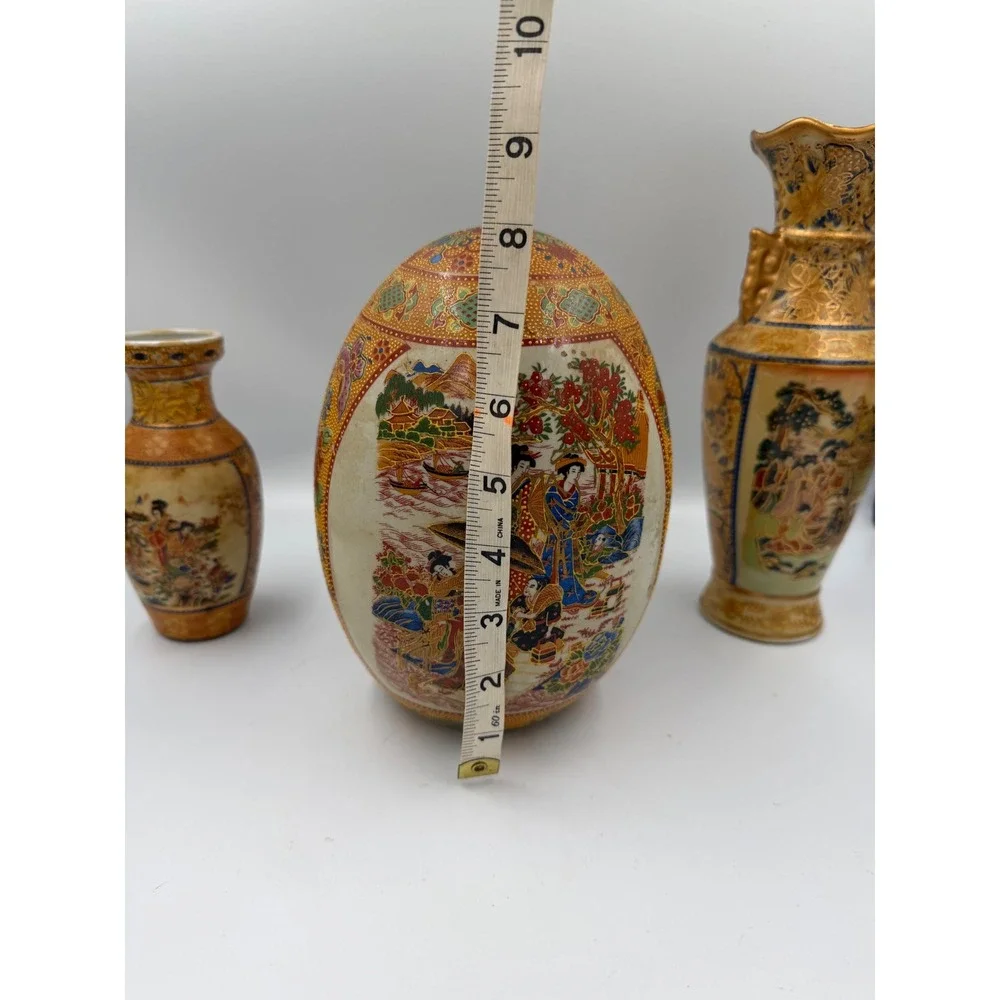 Vintage Satsuma Style Porcelain Set Geisha Vases Decorative Egg Ashtray 4pc